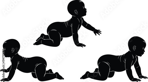Baby crawling silhouettes, infant movement poses, toddler crawling stages, child development illustration, black silhouettes art, motor skills design, vector baby activity