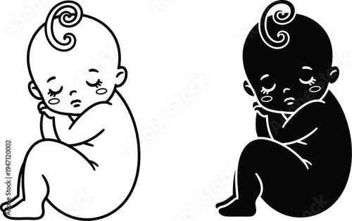 Baby silhouette fetal position illustration, black and white contrast artwork, emotional design, crying child symbol, sadness, duality concept