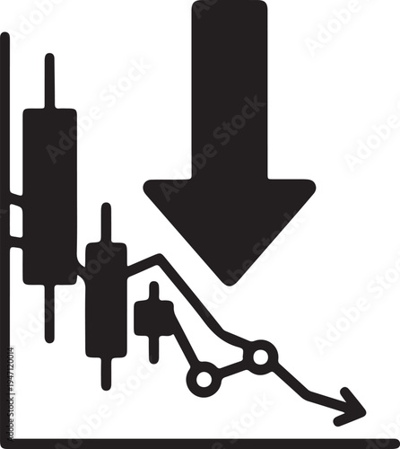 "Financial candlestick chart vector illustration with downward arrow symbolizing bearish market trend and economic recession"