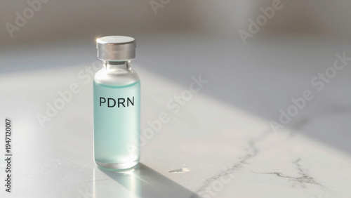 A vial of clear serum sits on a sleek, reflective surface. The vial is simple, cylindrical, with a silver cap. Light glints off the liquid, creating a sense of purity and scientific precision.