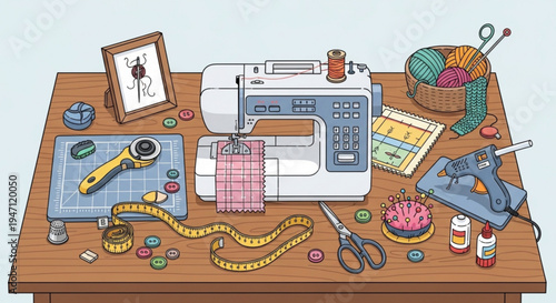 Sewing workspace with sewing machine cutting mat threads scissors measuring tape and various sewing tools on a wooden table