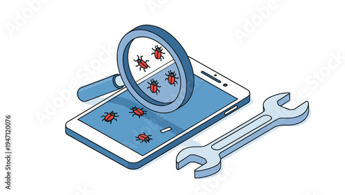 Isometric illustration of smartphone debugging with magnifying glass and wrench symbolizing software maintenance.