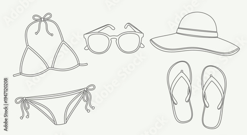 Essential Summer Beachwear and Accessories Outline Set on Isolated White Background