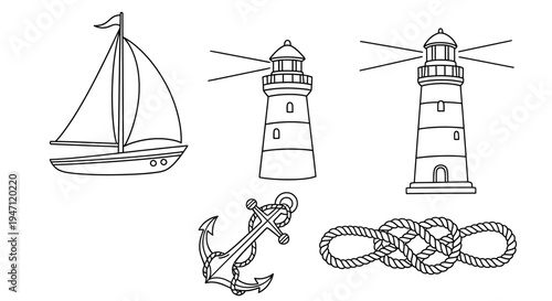 Classic Nautical Marine Sailing Elements Outline on Isolated White Background