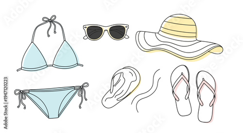 Feminine Summer Beachwear and Accessory Outline Set on Isolated White Background
