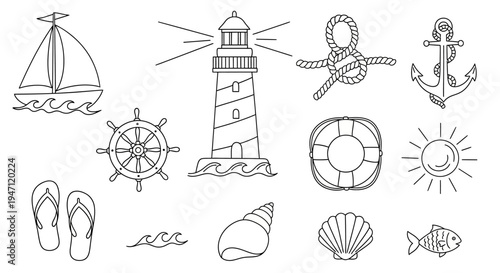 Nautical and Beach Outline Elements for Summer Vacation Design on Isolated White Background