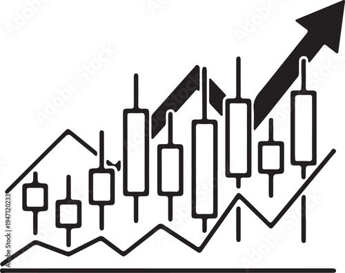 "Financial candlestick chart vector illustration with upward arrow symbolizing bullish market growth and trading success"