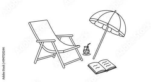 Summer Beach Relaxation Scene with Deck Chair and Umbrella Outline on Isolated White Background