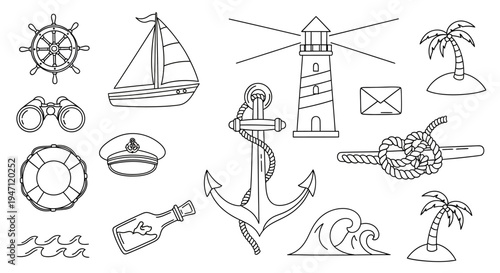 Nautical Marine Travel and Seafaring Outline Elements on Isolated White Background