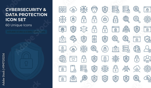 Cybersecurity and data protection line icon set with encryption firewall network privacy security technology