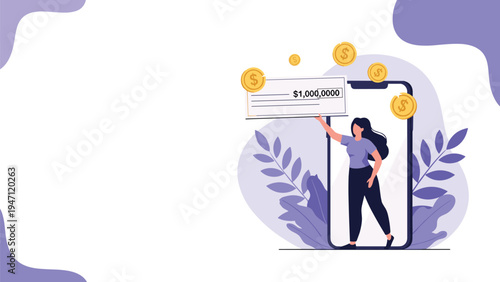 Woman holding giant million dollar check while stepping out of smartphone screen symbolizing digital wealth gain.