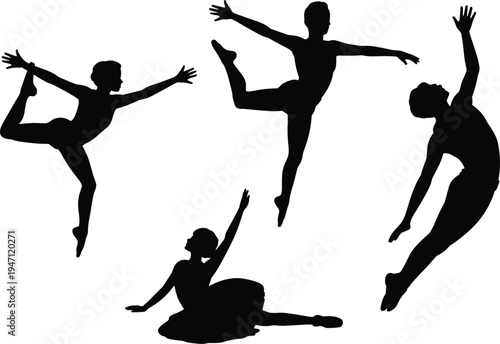 Ballet dancers silhouette set, graceful ballet dance poses collection, elegant classical dance movement isolated black ballerina figures