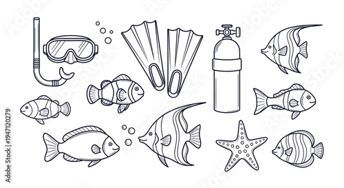 Underwater Sea Life and Diving Gear Elements on Isolated White Background