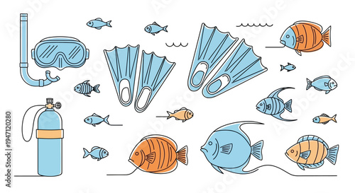 Colorful Scuba Diving Gear and Tropical Fish Collection on Isolated White Background