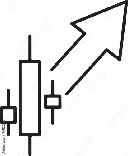 "Financial candlestick chart vector illustration with upward arrow symbolizing bullish market trend and investment growth"