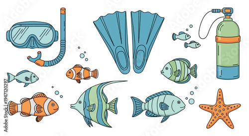 Vibrant Underwater Diving Equipment and Colorful Fish Collection on Isolated White Background