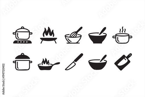 Cooking and Kitchen Utensils Line Icon Set with Pot Pan Knife Bowl and Culinary Tools