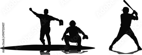 Baseball player silhouettes set, batter pitcher catcher poses, professional baseball sport action, team game vector illustration