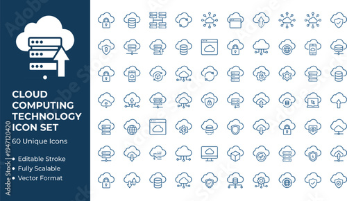 Cloud computing technology line icon set with servers networking security storage virtualization infrastructure symbols