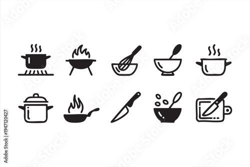 Minimal Cooking Equipment Icon Pack with Pot Pan Knife Bowl and Fire Symbols
