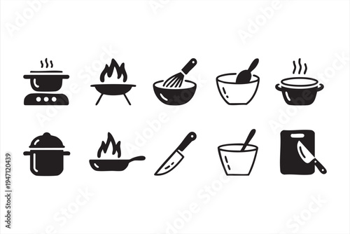 Modern Culinary Line Icon Collection with Cookware Knife Bowl and Stove Symbols