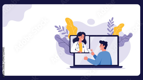 Patient consulting male doctor via laptop video call depicting modern telemedicine and virtual healthcare services.