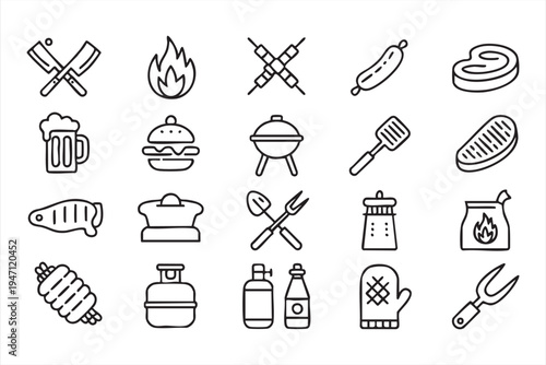 Outdoor Barbecue and Grilling Equipment Outline Icons for Summer Food Party Designs
