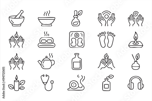 Holistic Wellness and Spa Therapy Icon Collection for Beauty Health and Relaxation Concepts