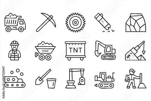 Mining Industry Equipment Line Icon Set with Excavator Dump Truck Drill and Pickaxe Symbols