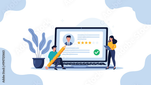 Professionals reviewing user profile on laptop with star ratings and checkmarks symbolizing recruitment process.