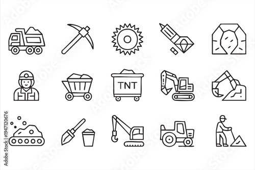 Industrial Mining and Excavation Outline Icons for Construction and Resource Extraction