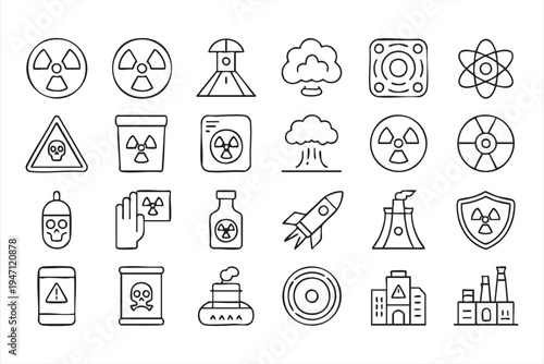 Nuclear Radiation and Atomic Energy Line Icon Set with Reactor Hazard and Warning Symbols