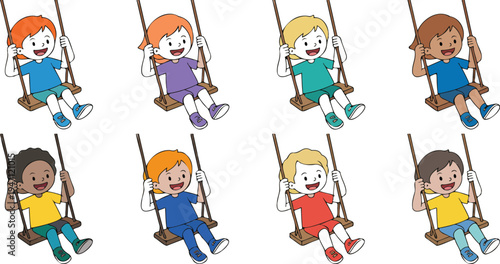 Children enjoying swings in a playful, colorful cartoon illustration depicting fun outdoor activity, playground joy, and happy childhood moments