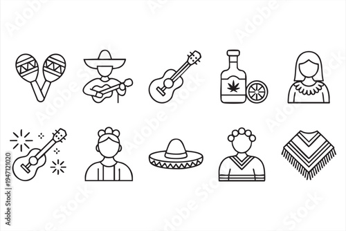 Mexican Culture Mariachi and Fiesta Line Icon Set with Sombrero Guitar and Maracas