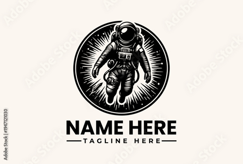 Black and white illustration of an astronaut in a circular logo with a sunburst effect and placeholder text on a beige background.