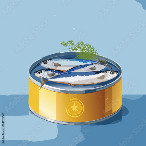 Canned sardines with dill illustration on blue background food concept