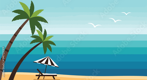 Tropical Beach Scene with Palm Trees Lounge Chair and Umbrella by Turquoise Ocean Vector Illustration
