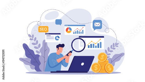 Analyst inspecting website performance and SEO data using magnifying glass for digital marketing strategy.
