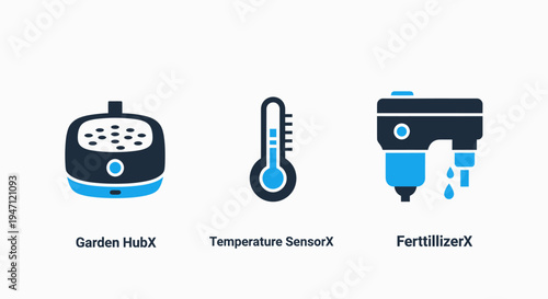 Smart garden icons: device, temperature sensor, fertilizer for automated plant care and agricultural technology