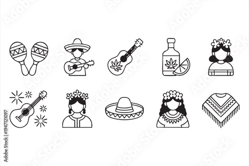 Minimal Mexican Fiesta Line Icons Featuring Mariachi Musician Tequila and Poncho