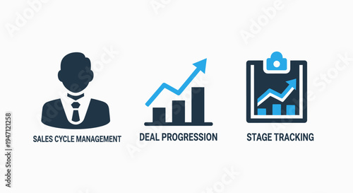 Business sales management icons: sales cycle, deal progression, and stage tracking for market growth
