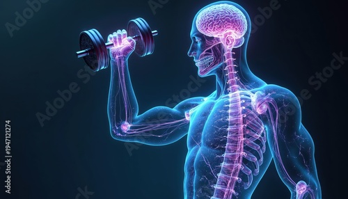 Digital human body lifts dumbbell showing brain nerve system connection and physical strength training. Futuristic blue glowing body illustrates mind and muscle power for health and exercise.