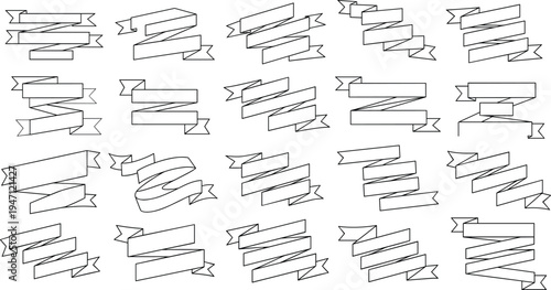 Set of outlined ribbon banner vector designs in black, decorative folded styles for labels, certificates, awards, and graphic design projects