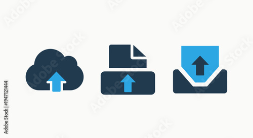 Cloud upload icon, document upload icon, and inbox upload icon for file transfer
