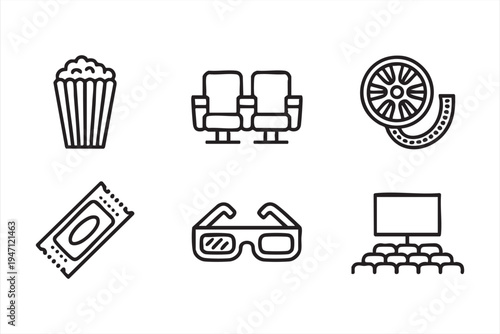 Minimal Cinema Icon Collection with Movie Ticket 3D Glasses and Film Strip
