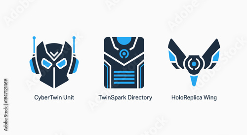 Futuristic technology icons, robot head, data directory, and drone wing symbols representing AI and advanced systems