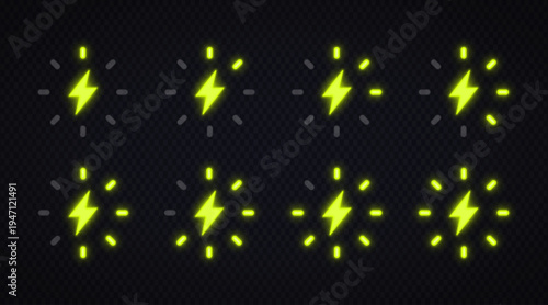 Neon electricity burst icons with glowing lightning symbol and animated rays. Bright energy effect elements on transparent background. Perfect for power highlights