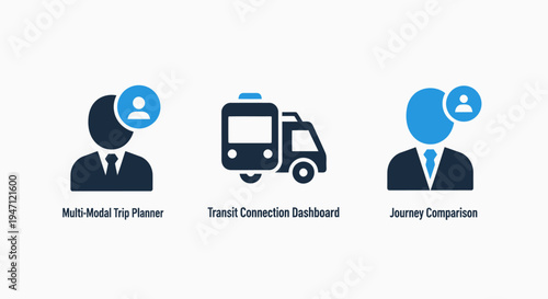 Travel and commute icons: trip planner, transit dashboard, journey comparison