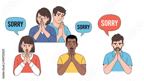 Group of diverse people expressing apology with sorry speech bubbles representing social interaction and empathy.