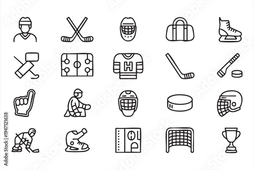 Winter Ice Hockey Outline Icons Featuring Helmet Jersey Arena and Trophy